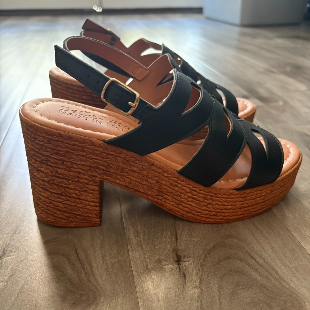 Bella Vita Made in Italy Black Leather Wedge Sandals Strappy Platform Heels 7W